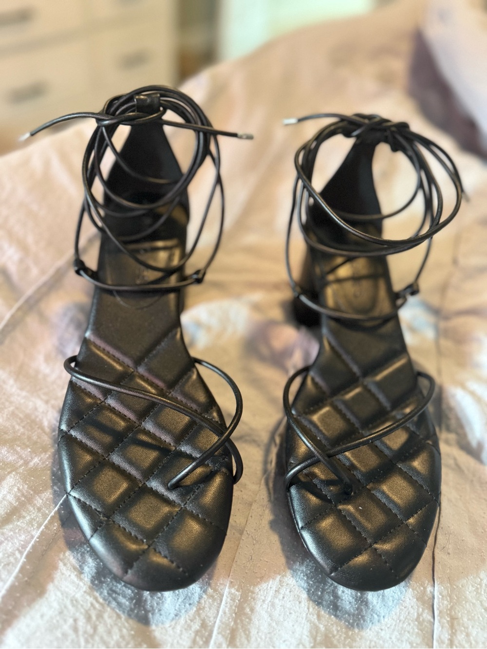 Black Lace-Up Quilted Flat Sandals - Women's Strappy Heels